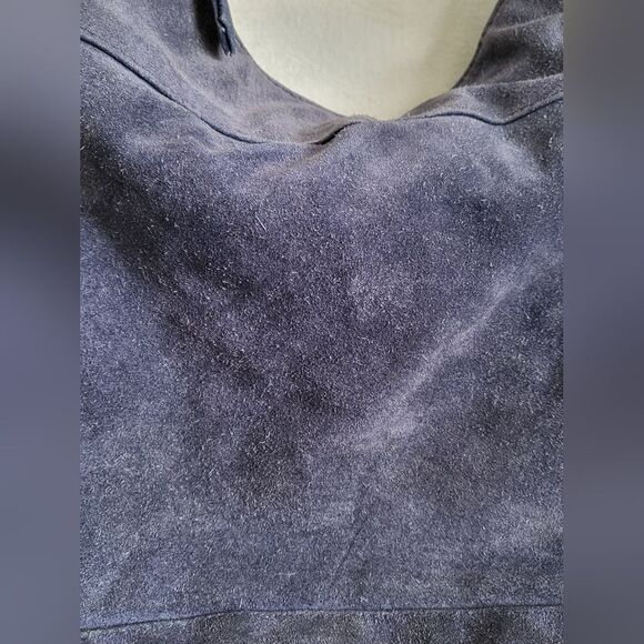 Ecote Blue Suede Side Fringe Cow Leather Bucket Sling Bag - Picture 13 of 15